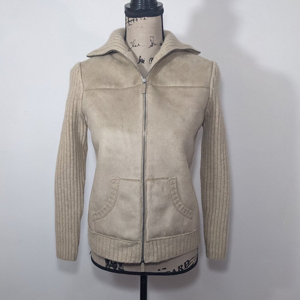 RALPH LAUREN Tan Ribbed Faux Suede Fur Lined Zip Front Wool Jacket Sweater P/S